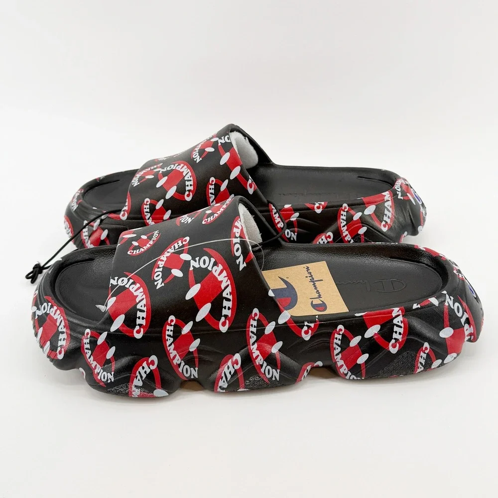 Champion Meloso Squish Smile Slides Sandals Mens Size 9 Black Red Pool Comfy NEW